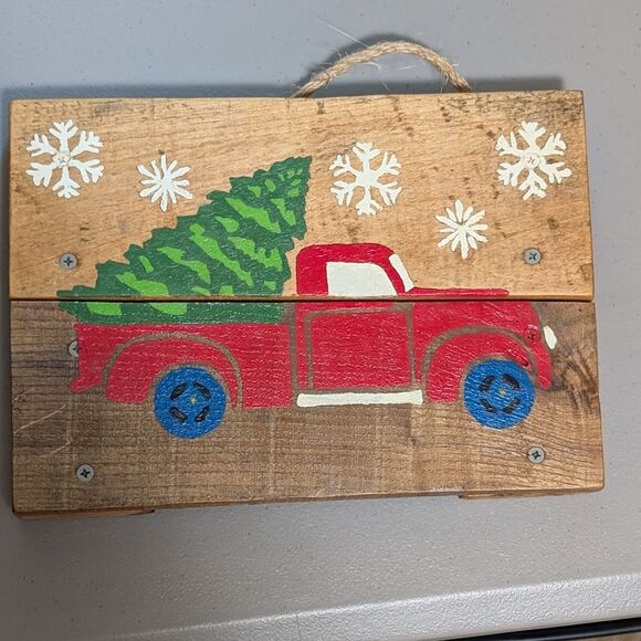 Wooden plank hand painted signed Christmas Tree Truck rustic Primitive hanging - Picture 8 of 8